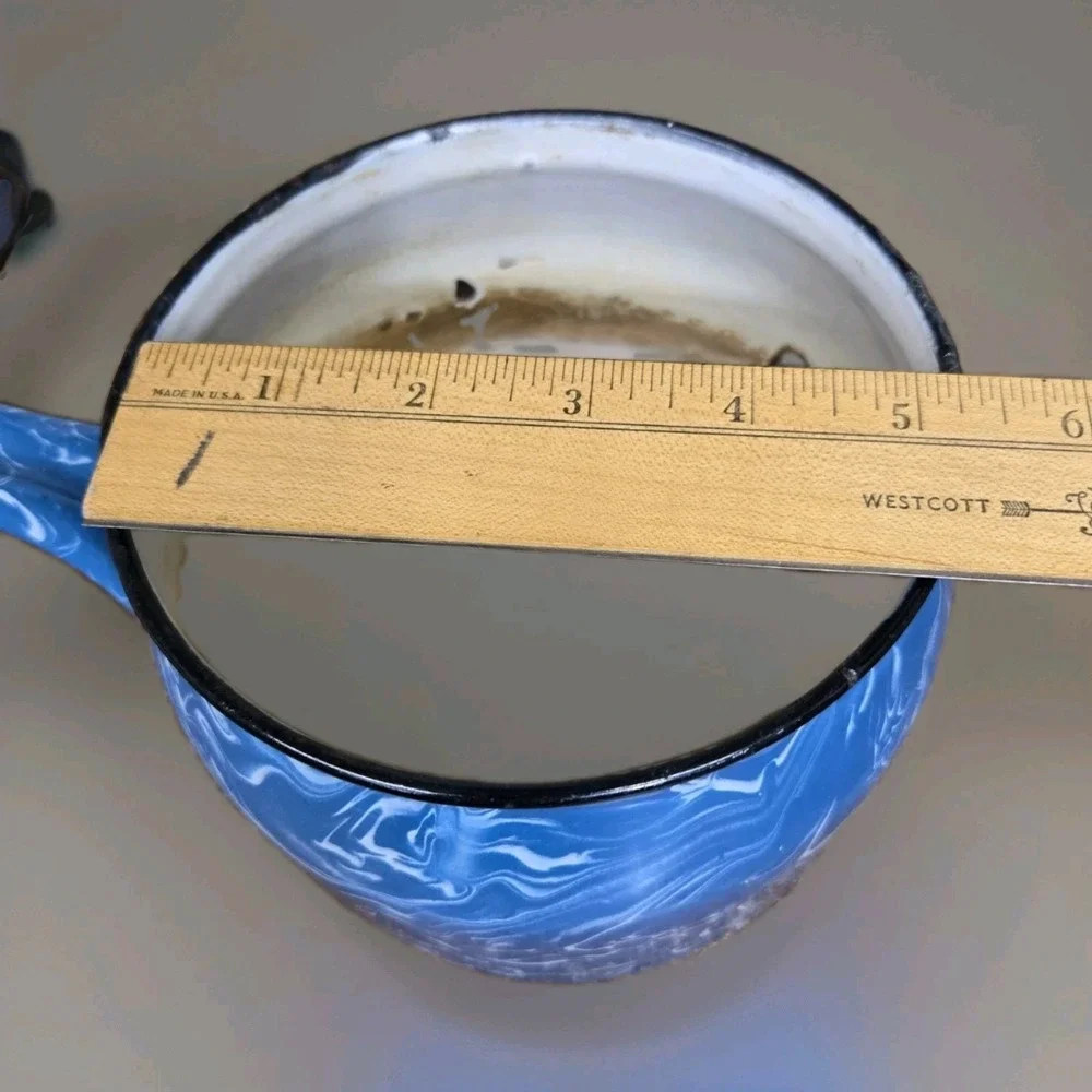Vintage Blue White Swirl Graniteware Enamel Saucepan Nesting Pot Set of 2 +Spoon
